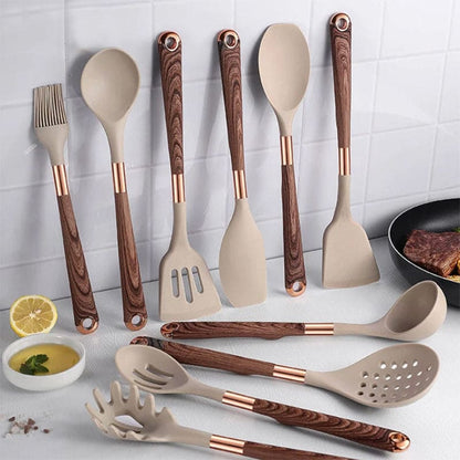 10-teiliges Premium-Silikon-Küchenhelfer Set mit Holzgriffen – Hitzebeständig und Ergonomisch für Moderne Küchenutensilien 0