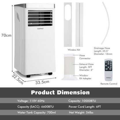 10000 BTU(Ashrae) 3-in-1 Portable Air Conditioner with Remote Control 2