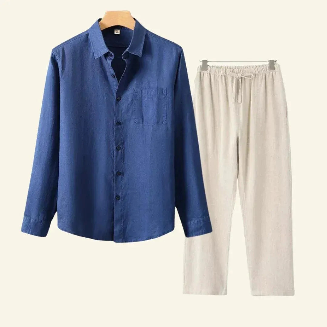 Herren Set Bluse und Hose Leinen Vielseitig für Jede Jahreszeit-1