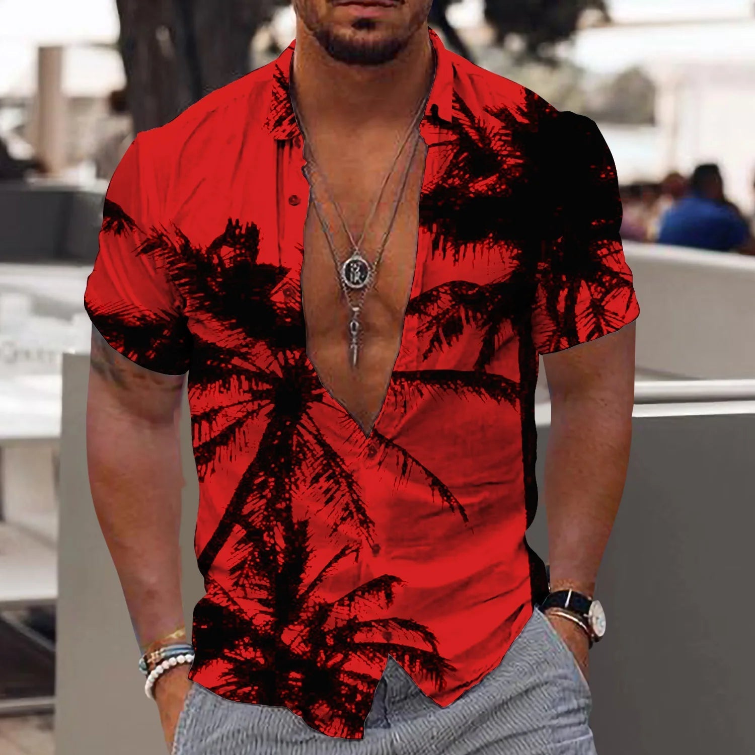 Herren Sommerhemd Schwarz Rot 3D Blumendruck Atmungsaktiv Lockere Passform-1