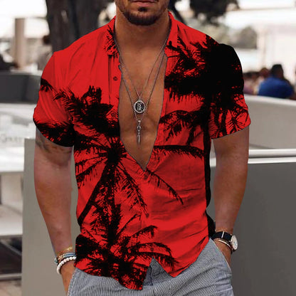 Herren Sommerhemd Schwarz Rot 3D Blumendruck Atmungsaktiv Lockere Passform-1