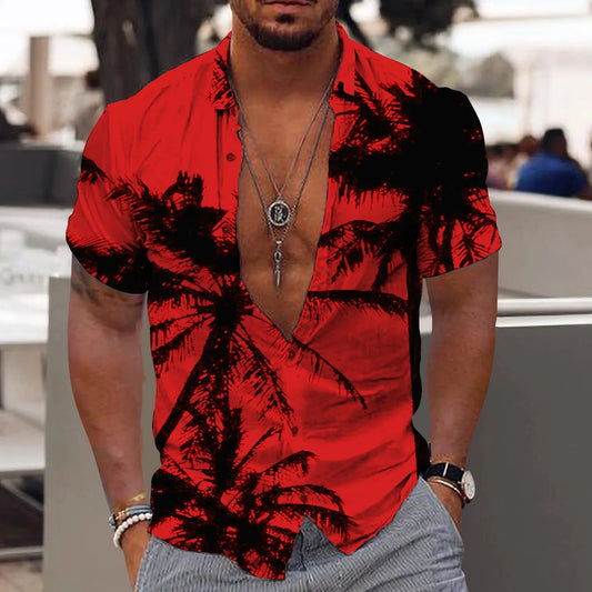 Herren Sommerhemd Schwarz Rot 3D Blumendruck Atmungsaktiv Lockere Passform-1