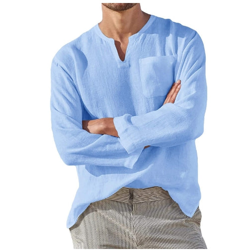 Herren Hemd Langarm V-Ausschnitt Atmungsaktiv Bohemian Stil-1