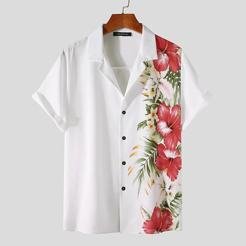 Herrenhemd Kurzarm Blumenmuster Baumwolle Sommer Hemd für lässige Outfits-3