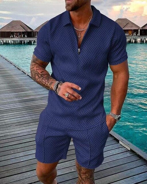Herren Polo und Shorts Set Blau Größe L Baumwolle-3