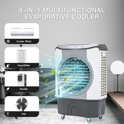 Industrial Evaporative Cooler – 4-in-1 Air Fan with 45L Water Tank & Easy-Glide Wheels | High Airflow | For Workshops & Garages