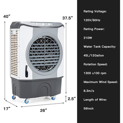 Industrial Evaporative Cooler – 4-in-1 Air Fan with 45L Water Tank & Easy-Glide Wheels | High Airflow | For Workshops & Garages