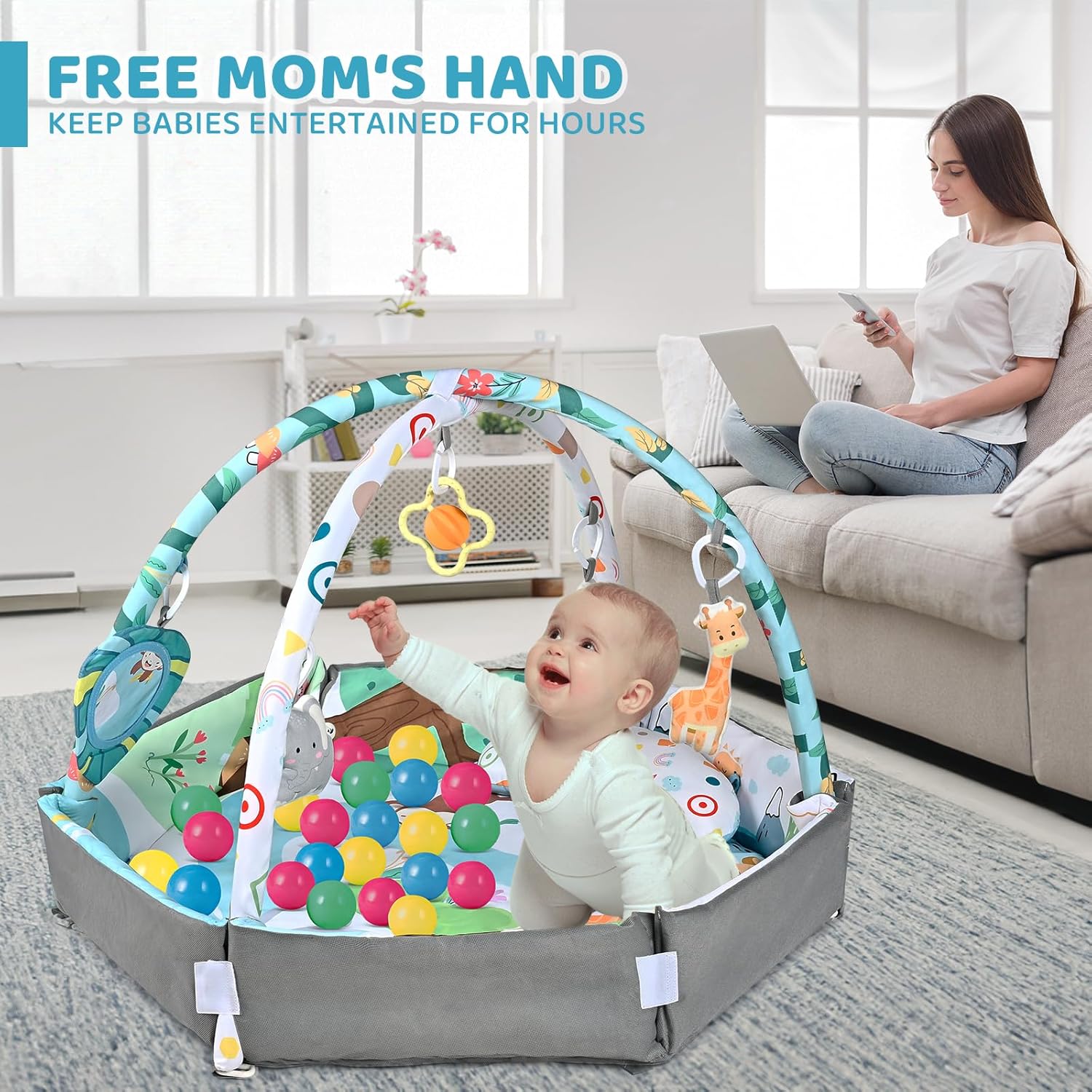 8-in-1 Babyspielteppich mit 6 Abnehmbaren Sensorischen Spielzeugen – Fördert Motorik und Sinne, Waschbar und Weich 6