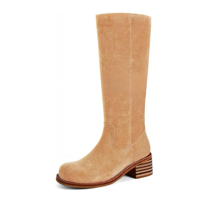 Damenstiefel aus PU in Dunkelbraun mit Blockabsatz – Elegante hohe Stiefel für Herbst und Winter