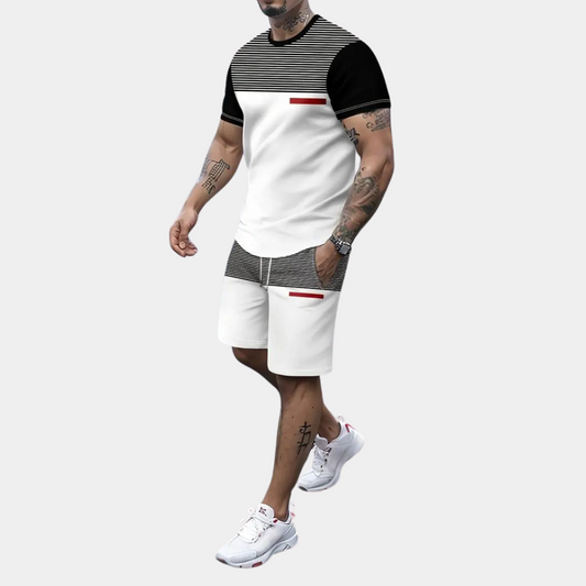 Herren Sommer Outfit Zweiteilig Gestreift Atmungsaktiv T-Shirt und Shorts-1