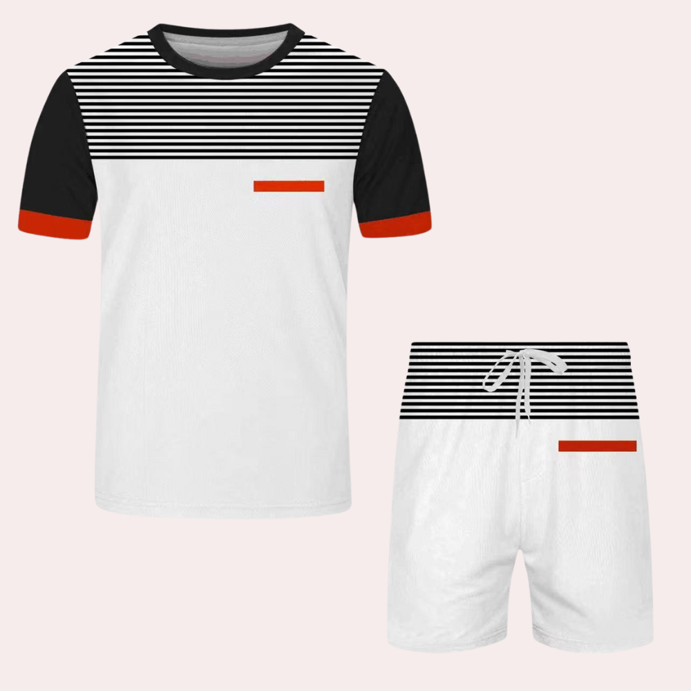 Herren Sommer Outfit Zweiteilig Gestreift Atmungsaktiv T-Shirt und Shorts-2