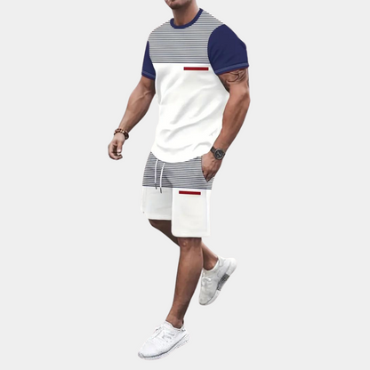 Herren Sommer Outfit Zweiteilig Gestreift Atmungsaktiv T-Shirt und Shorts-3
