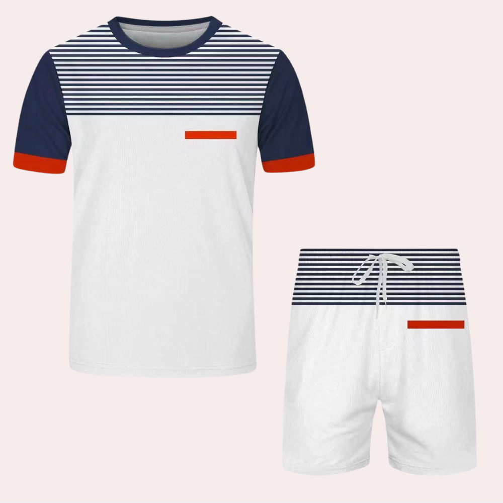 Herren Sommer Outfit Zweiteilig Gestreift Atmungsaktiv T-Shirt und Shorts-4