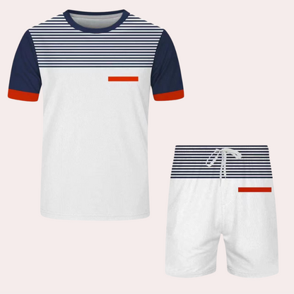 Herren Sommer Outfit Zweiteilig Gestreift Atmungsaktiv T-Shirt und Shorts-4