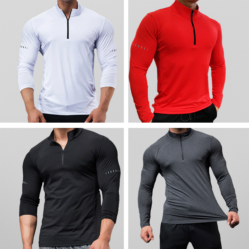 Herren Sporthemd Slim Fit Atmungsaktiv Stretchmaterial Reißverschluss-5