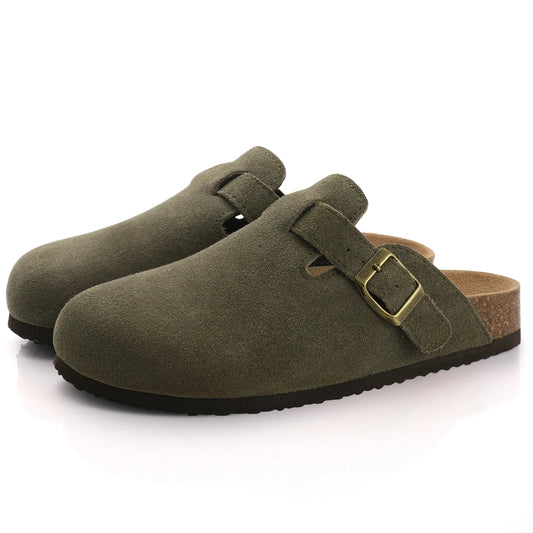 Armeegrüne Damen-Pantoletten aus Wildleder – Stylische Schlupfschuhe mit Fußgewölbeunterstützung und Kork-Innensohle 0