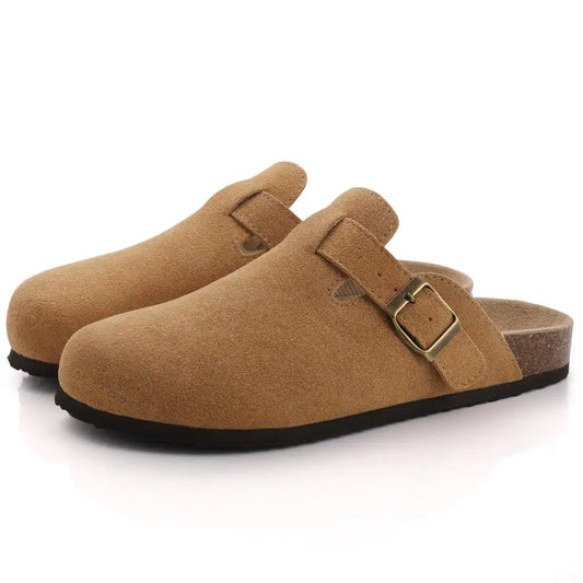 Braune Damen-Pantoletten aus Wildleder – Stylische Schlupfschuhe mit Fußgewölbeunterstützung und Kork-Innensohle 0