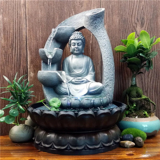 Buddha Wasserbrunnen mit Elegantem Design aus Harz – Beruhigende Raumdekoration für Wohnzimmer und Büro 0