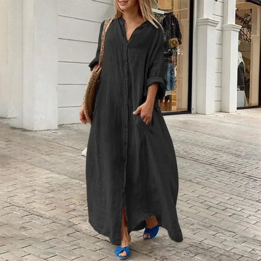 Elegantes Maxikleid Damen - Sommer Maxikleid Langarm mit Knopfverschluss und Taschen-1