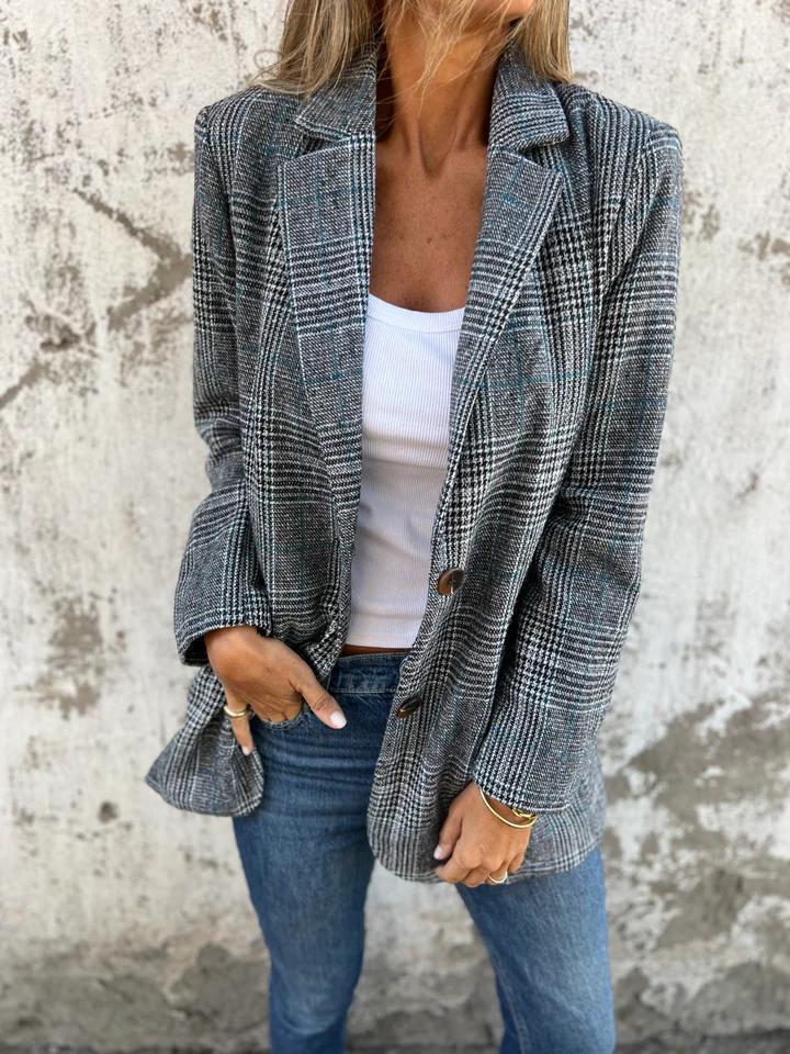 Damen Blazer Kariert Boyfriend Lockere Passform Hochwertiger Stoff 1