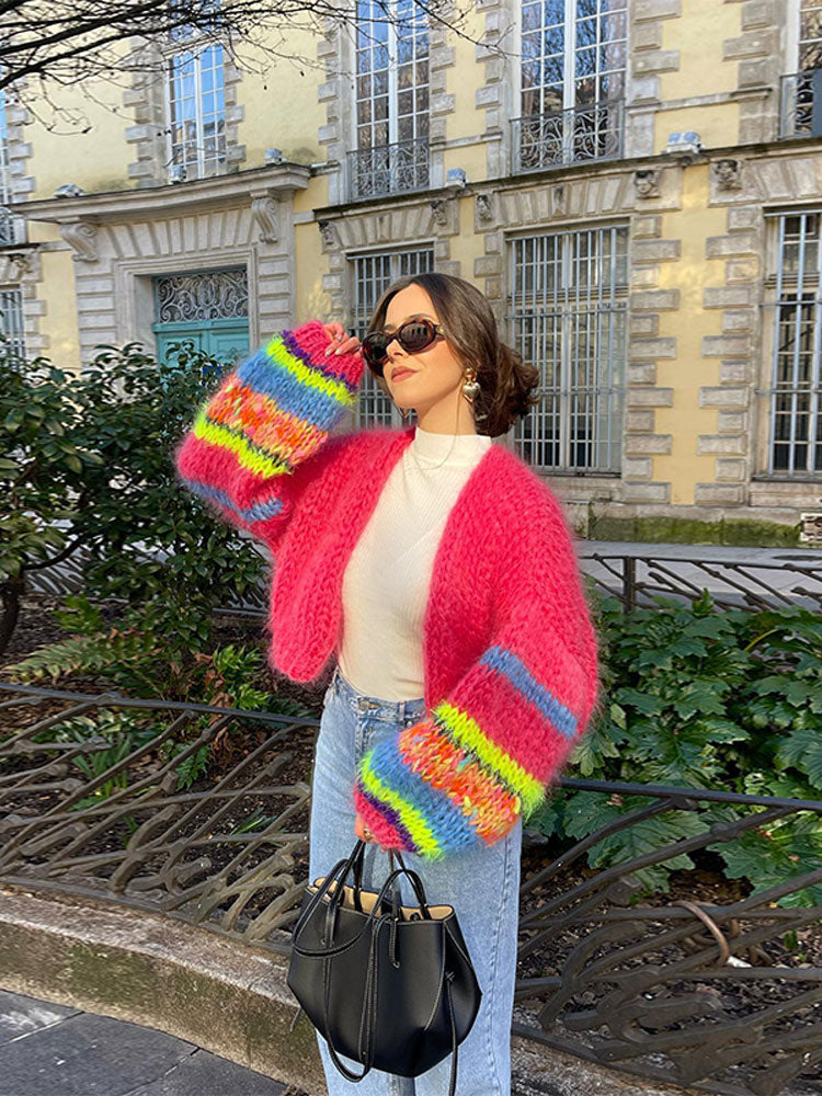 Damen Cardigan Bunt Flauschig Weiches Material Lässig 1