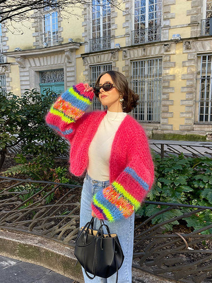 Damen Cardigan Bunt Flauschig Weiches Material Lässig 1