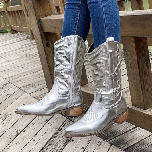 Damen Cowboy-Stiefel aus Leder mit spitzer Nase – Elegante Stiefel in Weiß, Gold, Silber und Rosa für jeden Anlass 0