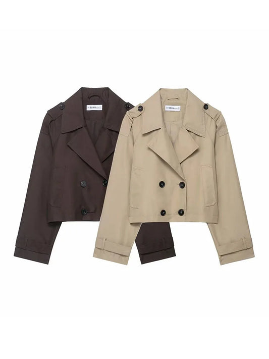 Damen Kurz Trenchcoat mit Revers – Doppelreiher, Taschen, ideal für Herbst/Winter Mäntel Damen 0
