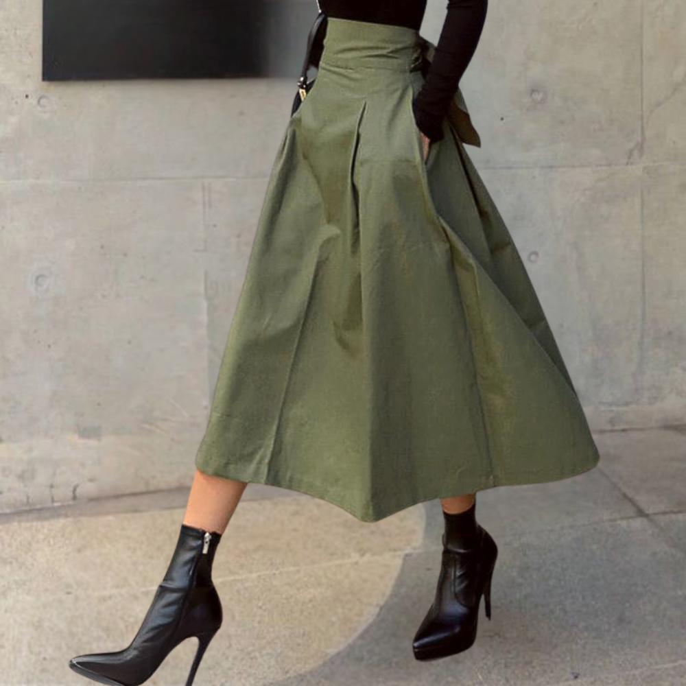 Damen Midirock A-Linie Hoher Bund Baumwollmischung Eleganter Faltenrock 0