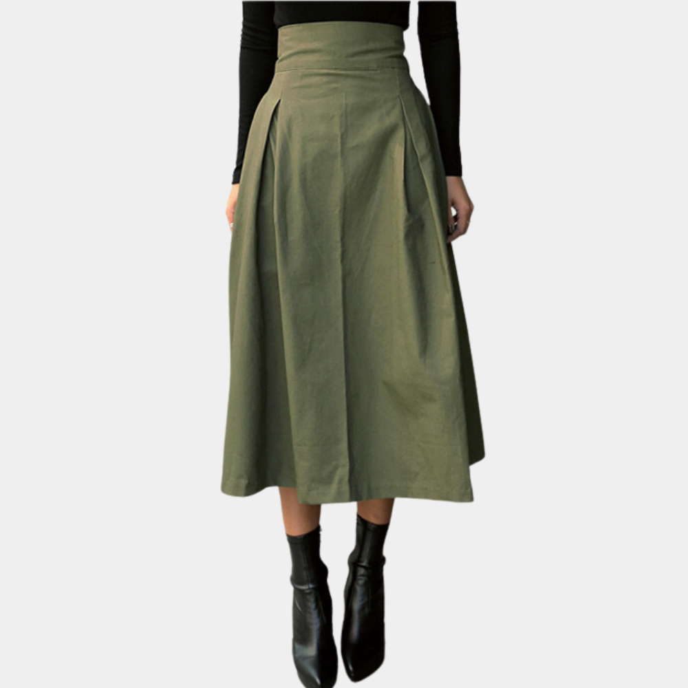 Damen Midirock A-Linie Hoher Bund Baumwollmischung Eleganter Faltenrock 1