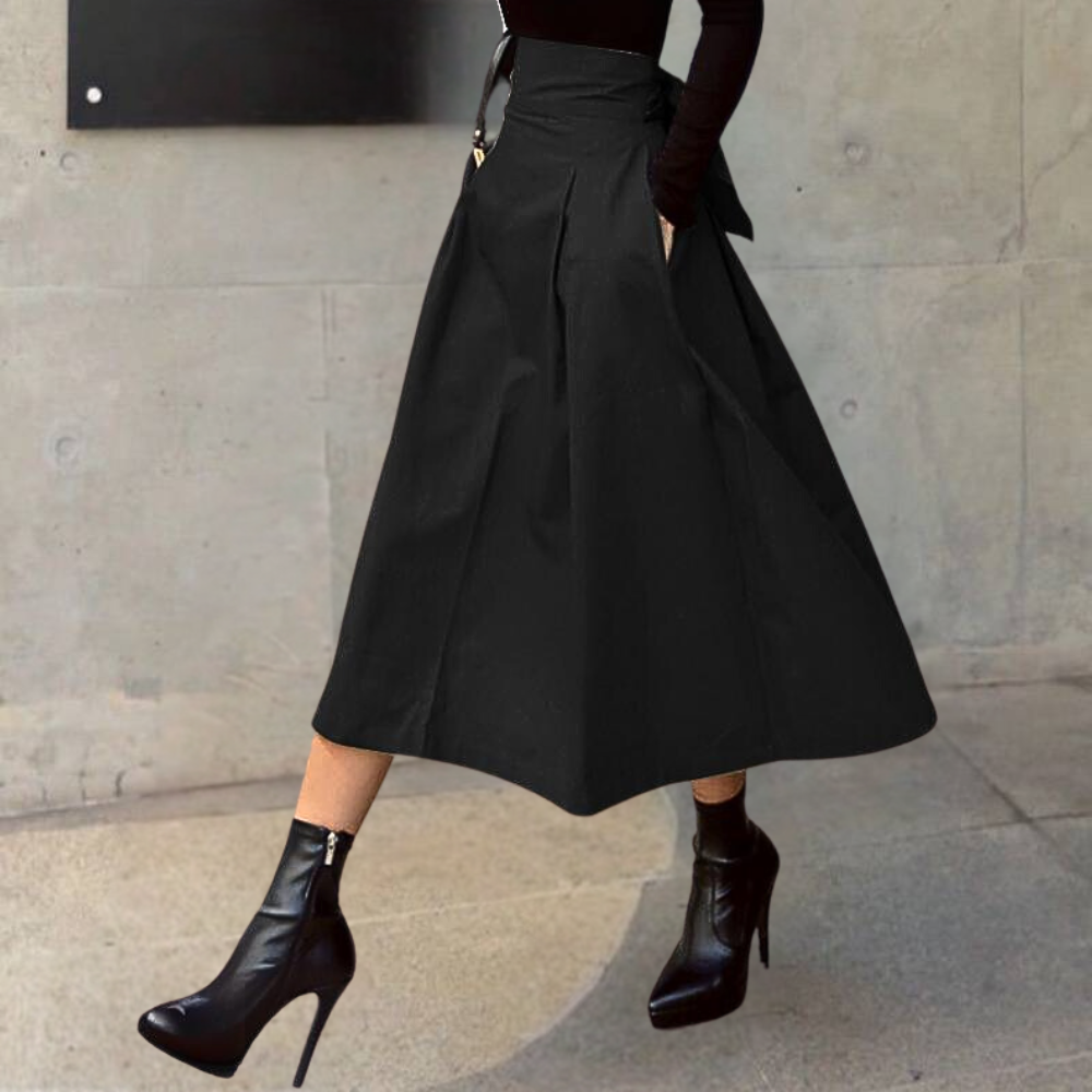 Damen Midirock A-Linie Hoher Bund Baumwollmischung Eleganter Faltenrock 3