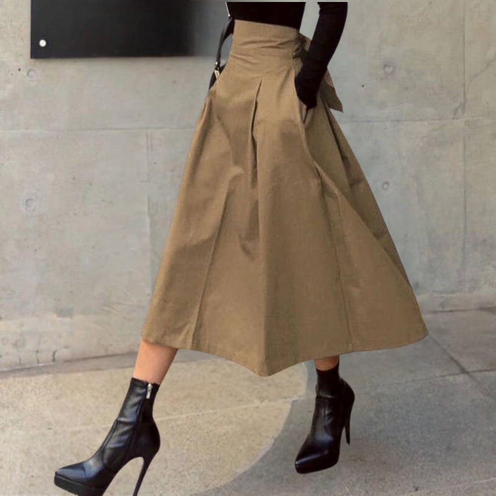 Damen Midirock A-Linie Hoher Bund Baumwollmischung Eleganter Faltenrock 4