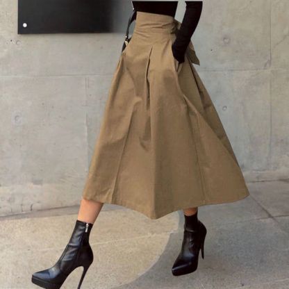 Damen Midirock A-Linie Hoher Bund Baumwollmischung Eleganter Faltenrock 4
