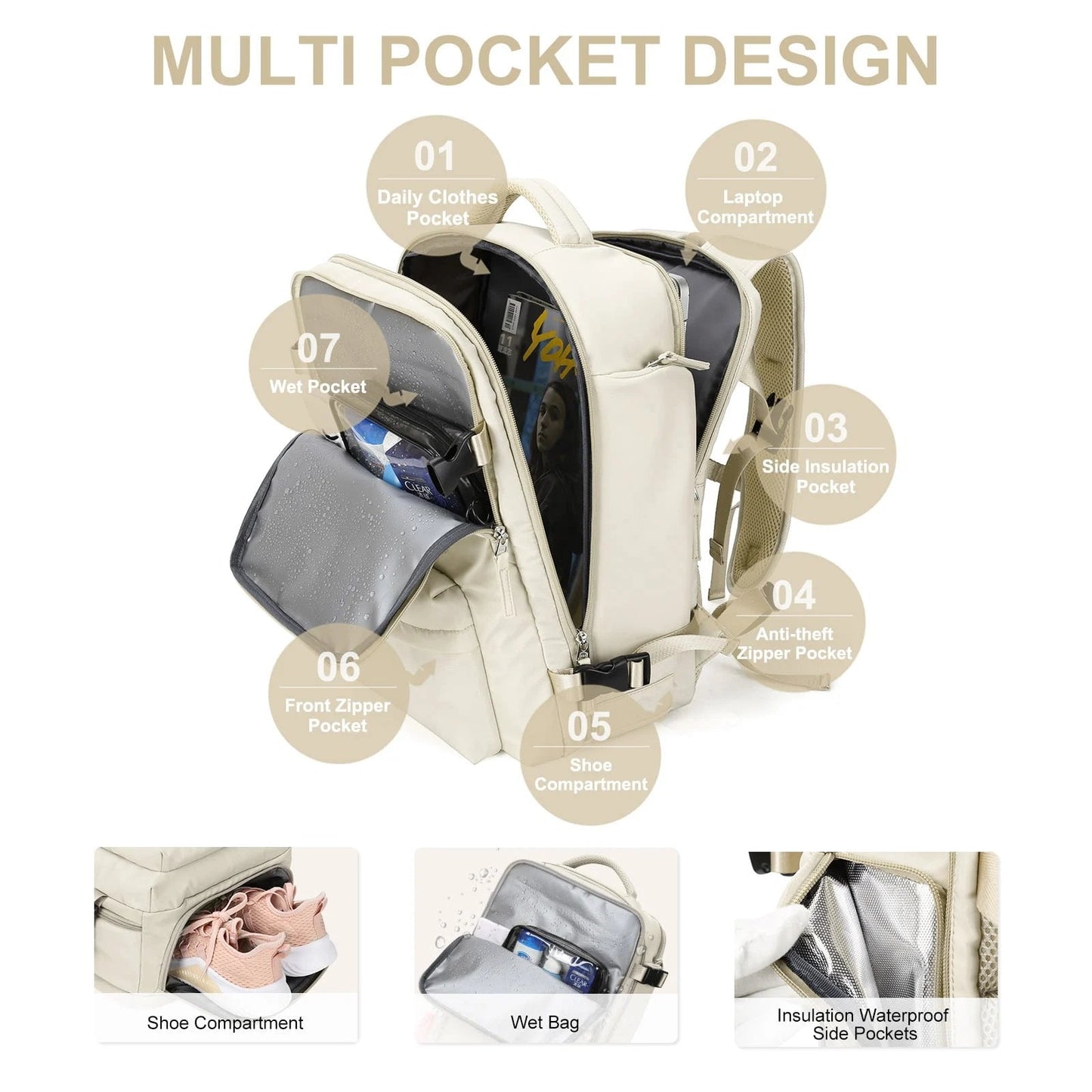 Damen Rucksack Wasserfest Groß Mit USB-Anschluss Für Wandern Und Reisen Nylon 35L 1