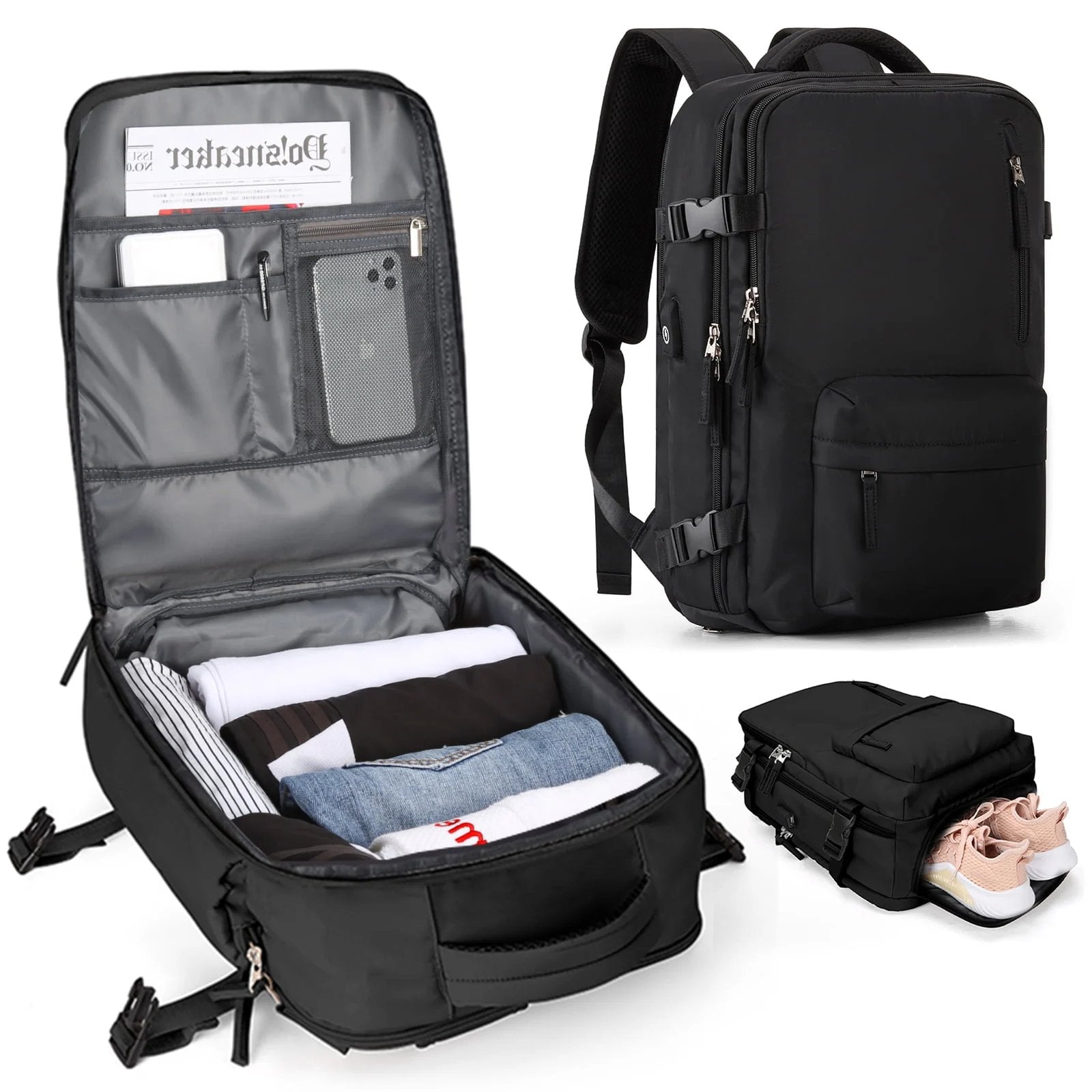 Damen Rucksack Wasserfest Groß Mit USB-Anschluss Für Wandern Und Reisen Nylon 35L 7