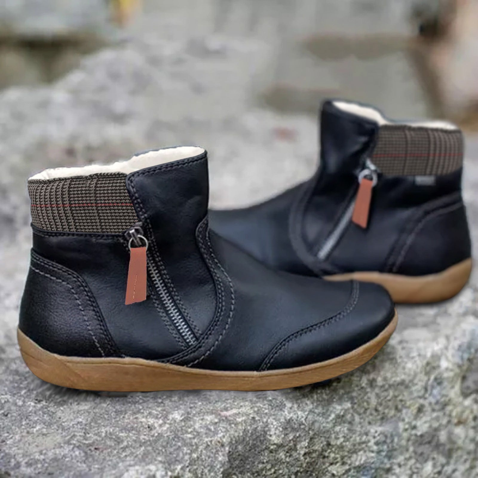 Damen Stiefel Schwarz Wasserdicht Orthopädisch Leder mit Rutschfester Sohle 1