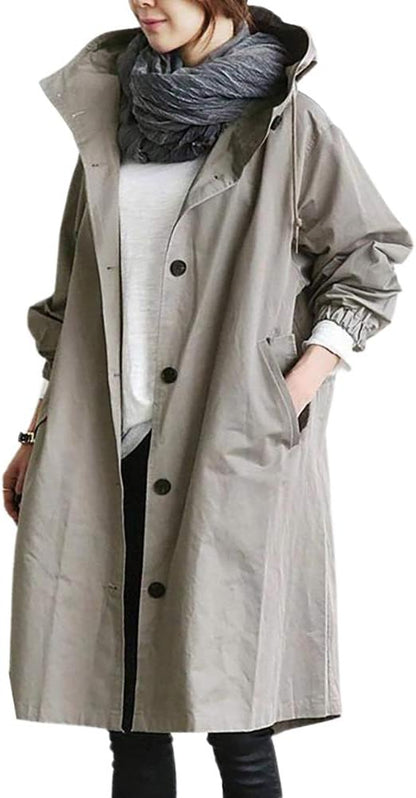Damen Trenchcoat Lang Grau Atmungsaktiv Mit Kapuze 3