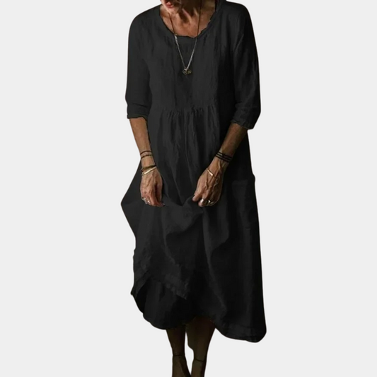 Damen Vintage Midikleid mit Ellenbogenärmeln aus Baumwoll-Leinen-Mischung 0