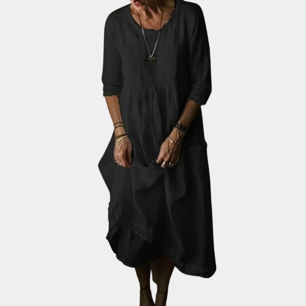 Damen Vintage Midikleid mit Ellenbogenärmeln aus Baumwoll-Leinen-Mischung 1