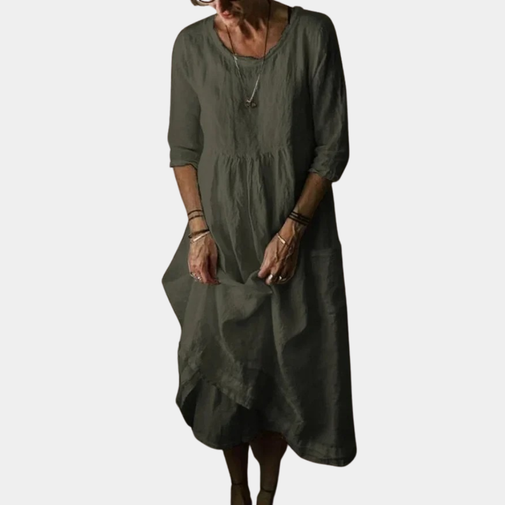 Damen Vintage Midikleid mit Ellenbogenärmeln aus Baumwoll-Leinen-Mischung 2