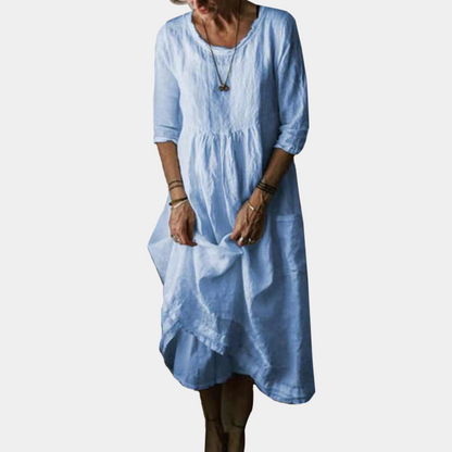 Damen Vintage Midikleid mit Ellenbogenärmeln aus Baumwoll-Leinen-Mischung 3