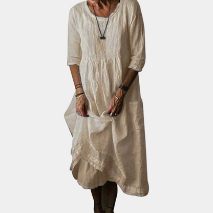 Damen Vintage Midikleid mit Ellenbogenärmeln aus Baumwoll-Leinen-Mischung 4