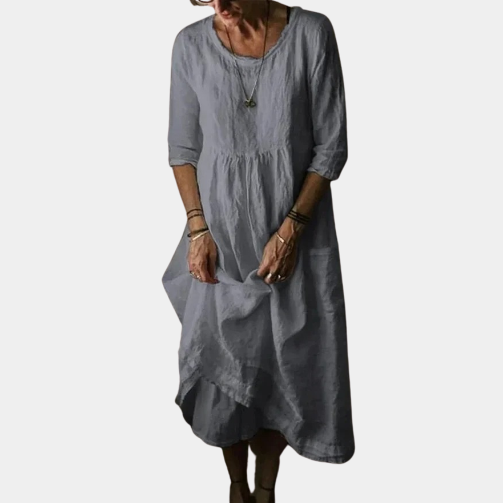 Damen Vintage Midikleid mit Ellenbogenärmeln aus Baumwoll-Leinen-Mischung 5