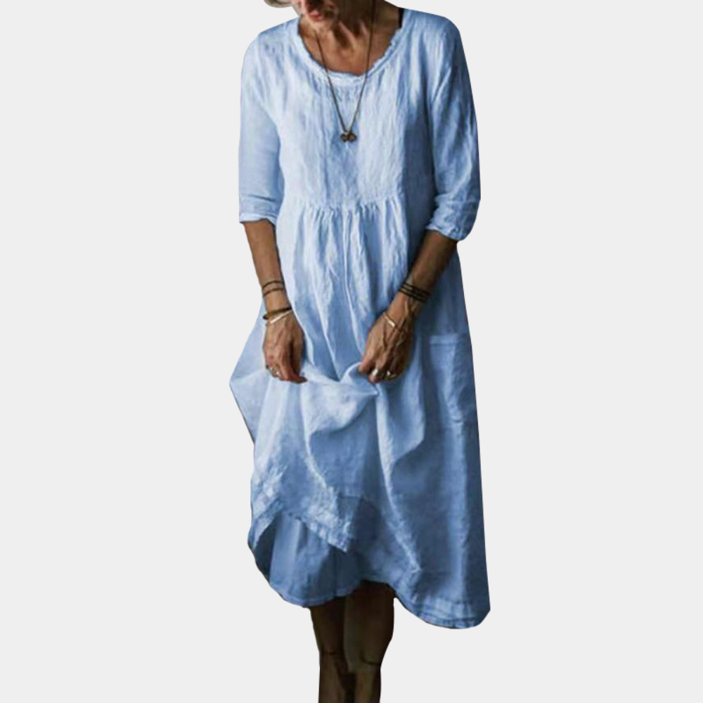 Damen Vintage Midikleid mit Ellenbogenärmeln aus Baumwoll-Leinen-Mischung 7