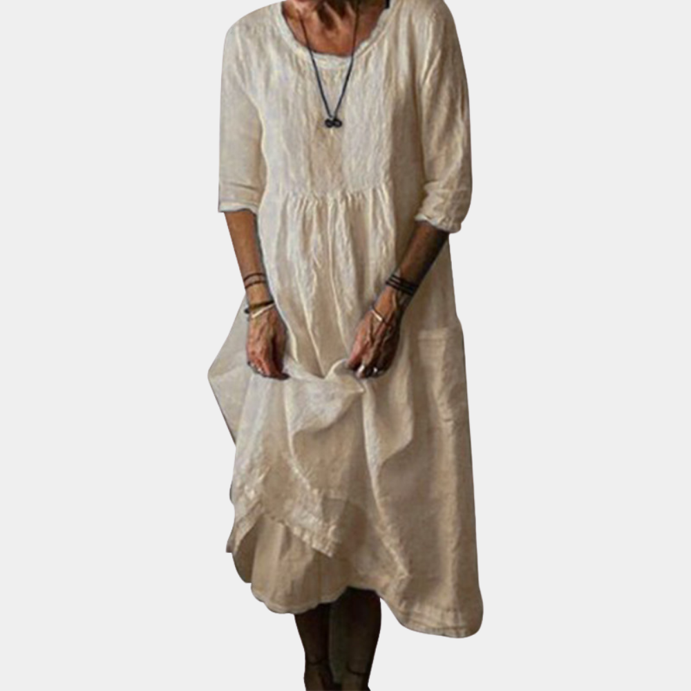 Damen Vintage Midikleid mit Ellenbogenärmeln aus Baumwoll-Leinen-Mischung 8