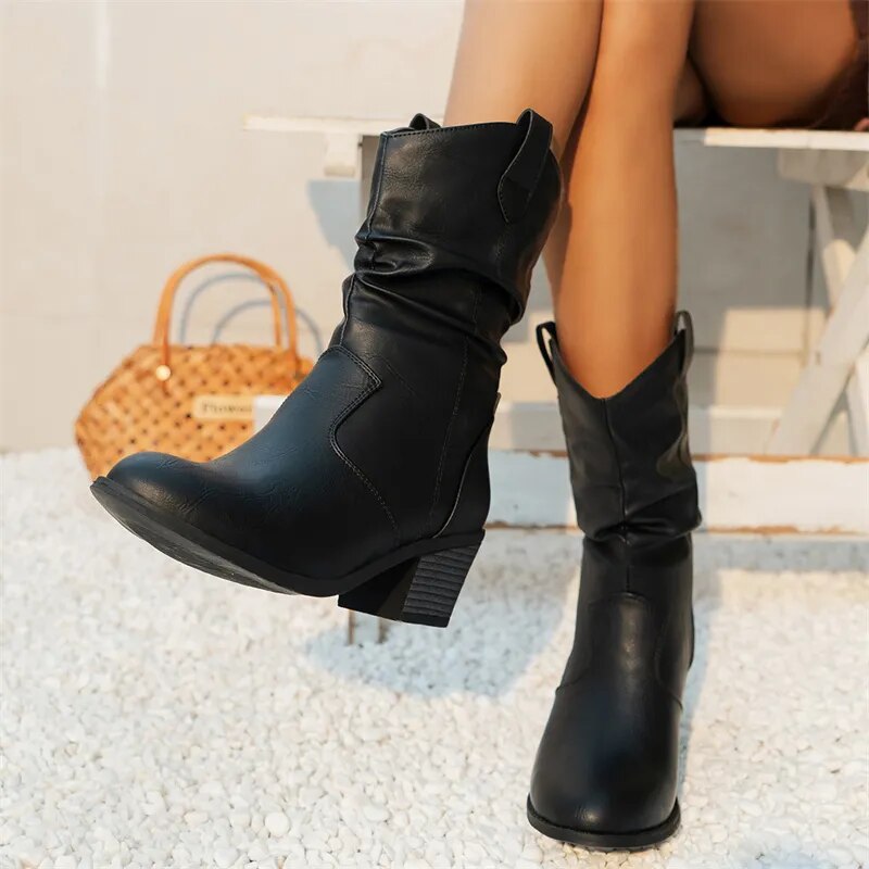Damenstiefel Schwarz aus Leder im Western Stil – Größen 36 bis 42, Bequeme und Elegante Stiefel für jeden Anlass 2