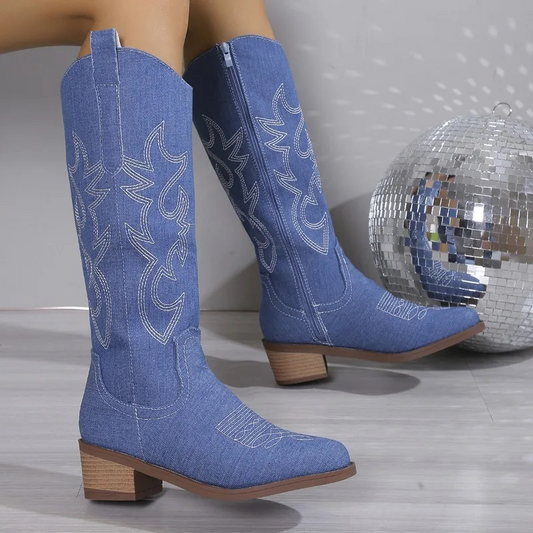 Denim Cowboy Stiefel Damen mit Blockabsatz und Western Stickerei – Blau 0