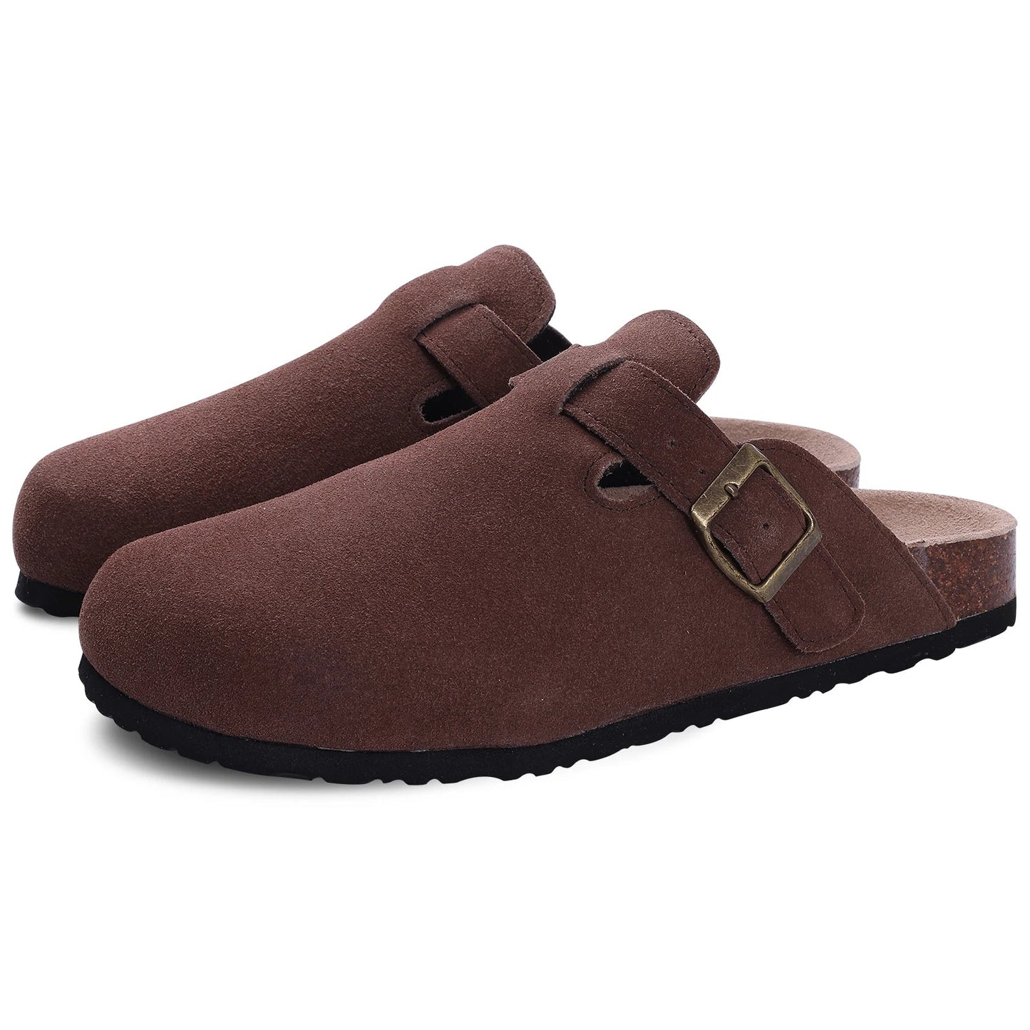 Dunkelbraune Damen-Pantoletten aus Wildleder – Stylische Schlupfschuhe mit Fußgewölbeunterstützung und Kork-Innensohle 0