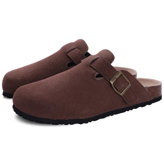 Dunkelbraune Damen-Pantoletten aus Wildleder – Stylische Schlupfschuhe mit Fußgewölbeunterstützung und Kork-Innensohle 0