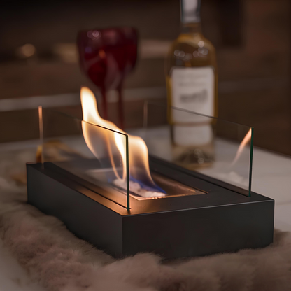 Eleganter Tischkamin aus Glas und Stahl – Tragbarer Bioethanol Kamin für Innen- und Außenbereiche, Tischfeuer mit Stil und Wärme 0